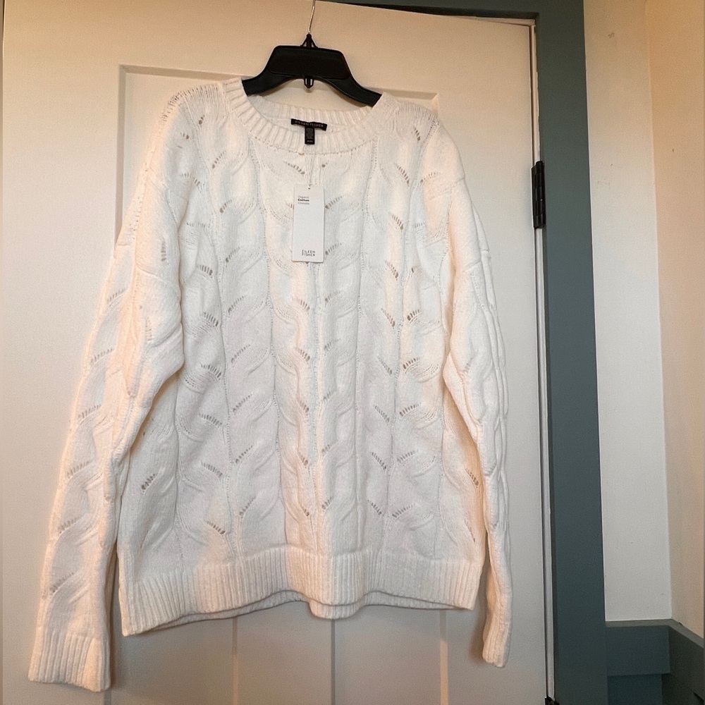 NWT Eileen Fisher White Cable Knit Organic Cotton Chenille Sweater - Sz. M